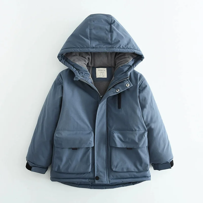 Boys Winter Hooded Cotton Jacket Polar Fleece Thicken Warm Coat 4-12 Years Kids Windproof Rainproof Outdoor Sports Outerwear