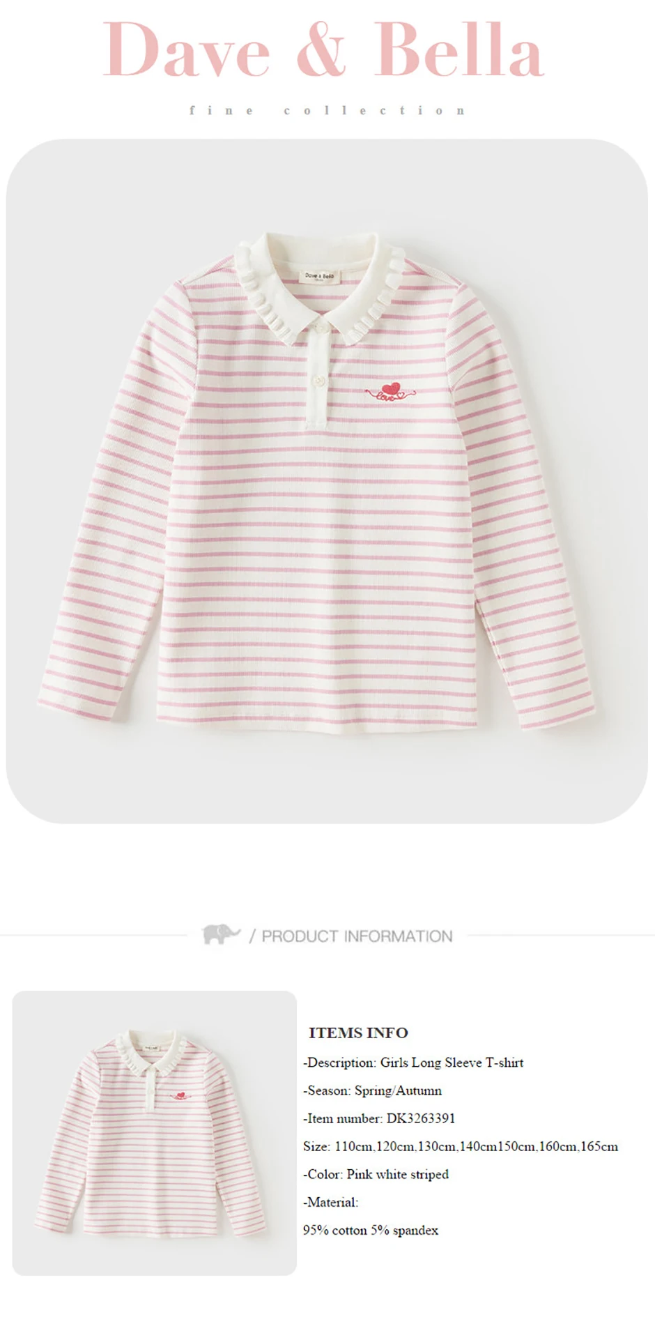 Dave Bella Girls Long Sleeve Polo T-Shirt Kids Autumn Spring Stripe Tops Children Cotton Casual Outdoor Clothes DK3263391