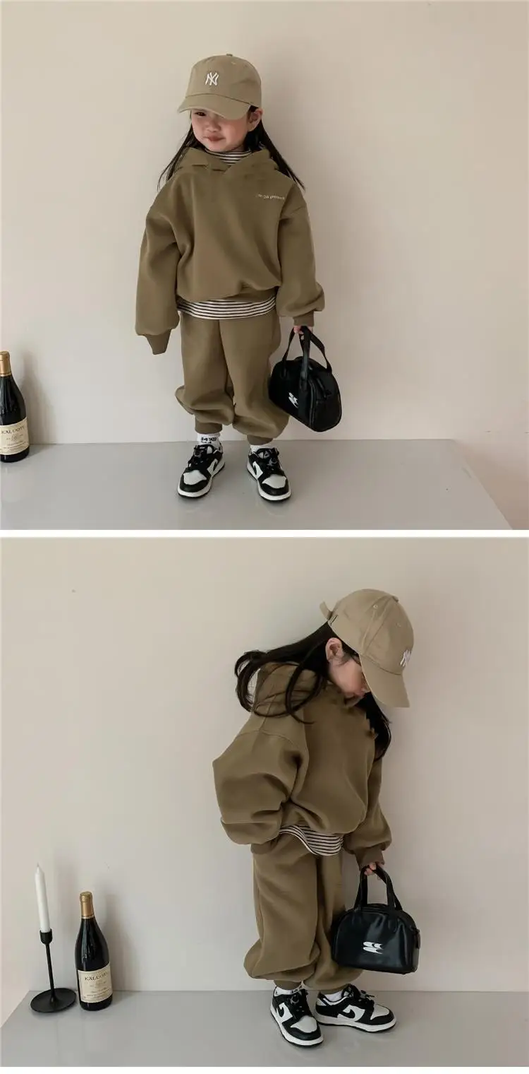 Winter New Children Fleece Sweatshirt 2pcs Set Long Sleeve Toddler Outfits Baby Warm Sports Pants Suit Boys Girls Clothes Set