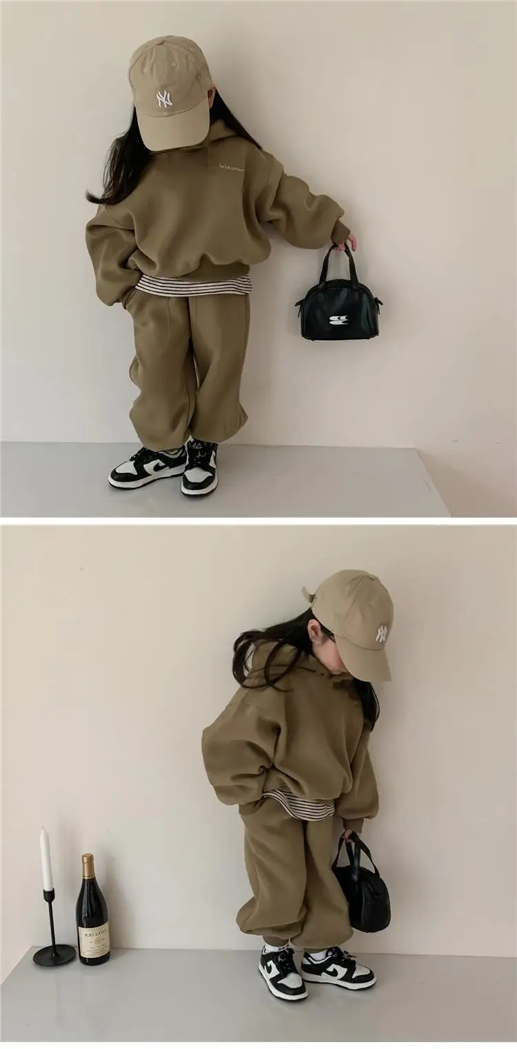 Winter New Children Fleece Sweatshirt 2pcs Set Long Sleeve Toddler Outfits Baby Warm Sports Pants Suit Boys Girls Clothes Set