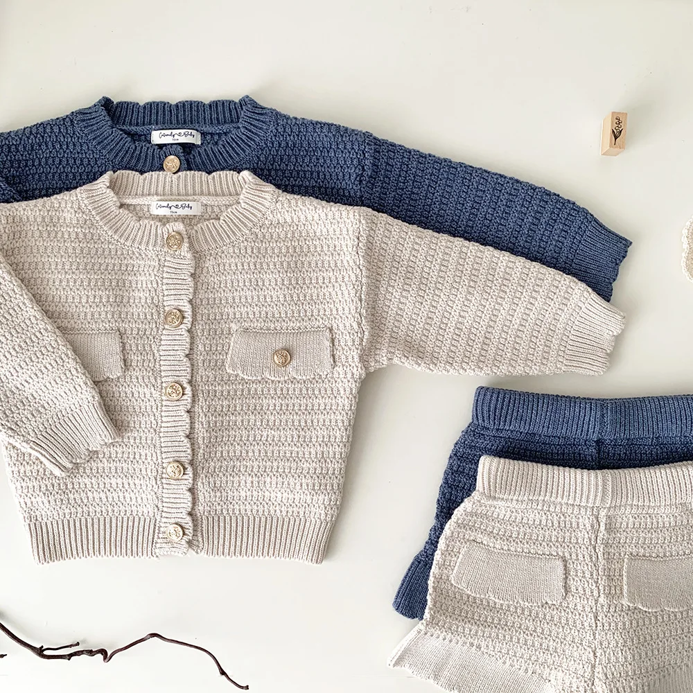 New Autumn Winter Toddlers Girls Knitted Sets Cardigan Sweater Shorts 2pcs Korean Style Baby Kids Princess Outfits