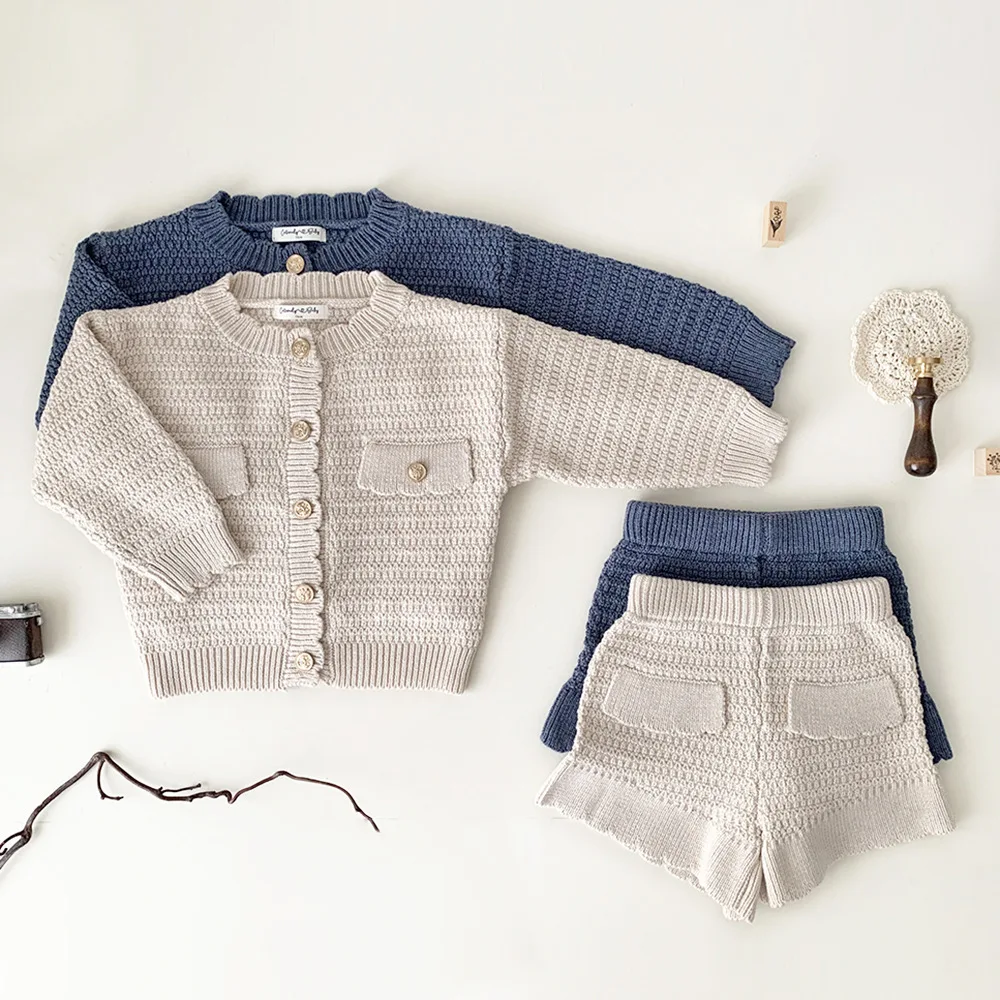 New Autumn Winter Toddlers Girls Knitted Sets Cardigan Sweater Shorts 2pcs Korean Style Baby Kids Princess Outfits
