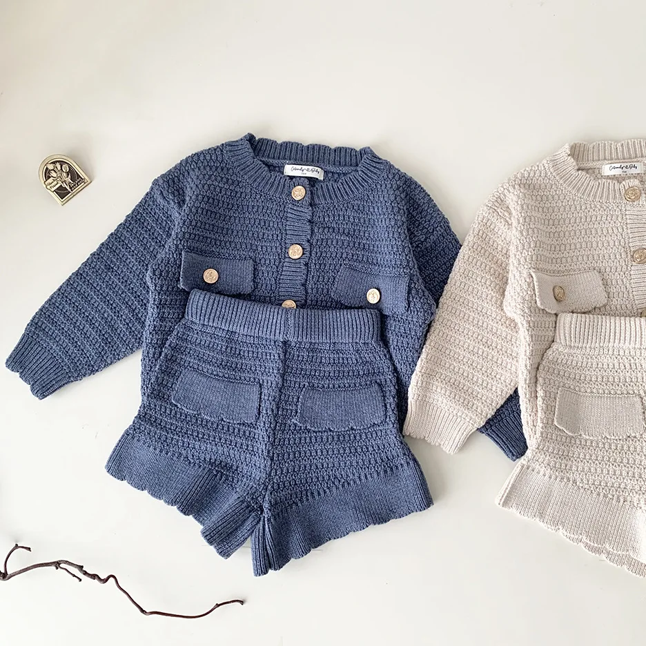 New Autumn Winter Toddlers Girls Knitted Sets Cardigan Sweater Shorts 2pcs Korean Style Baby Kids Princess Outfits