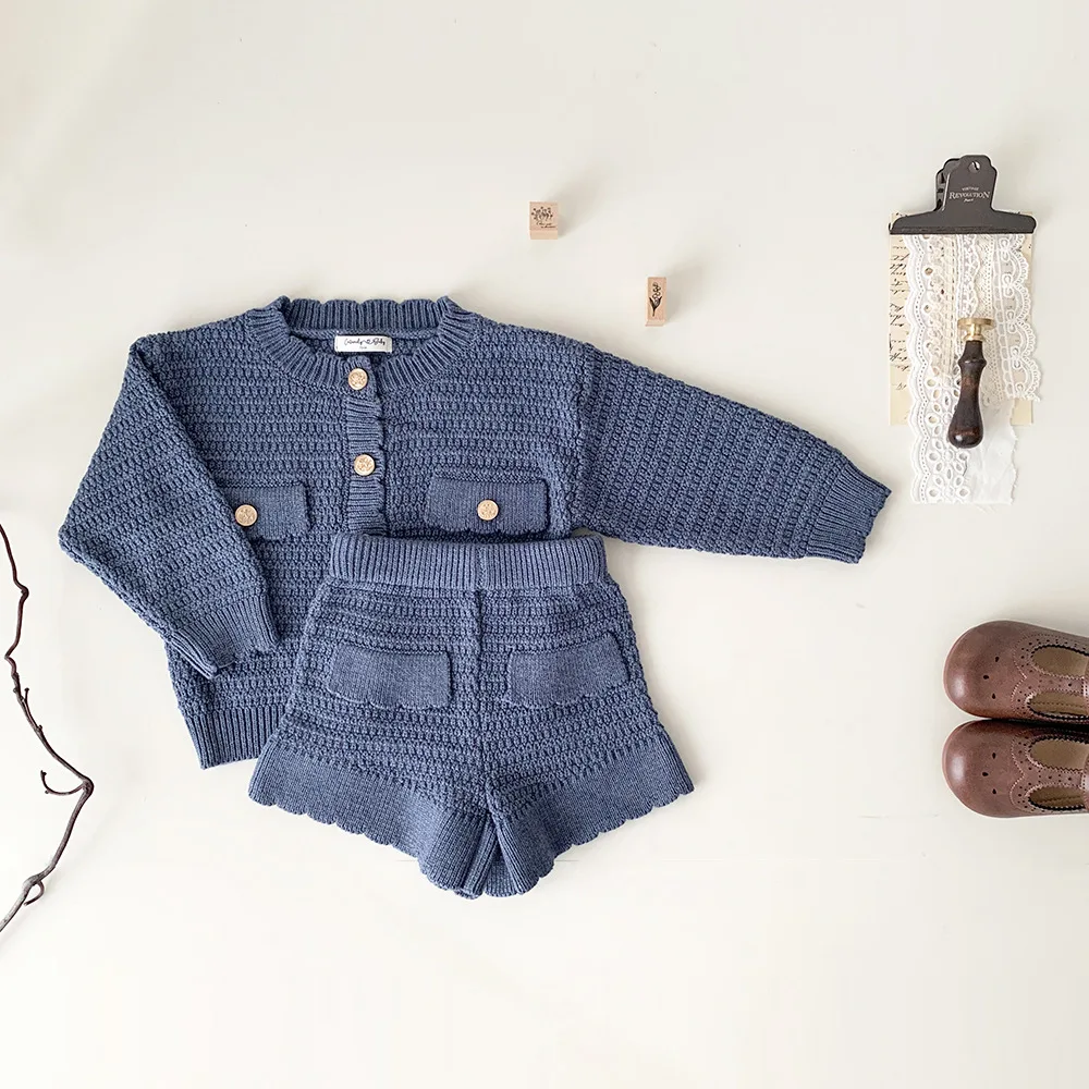 New Autumn Winter Toddlers Girls Knitted Sets Cardigan Sweater Shorts 2pcs Korean Style Baby Kids Princess Outfits