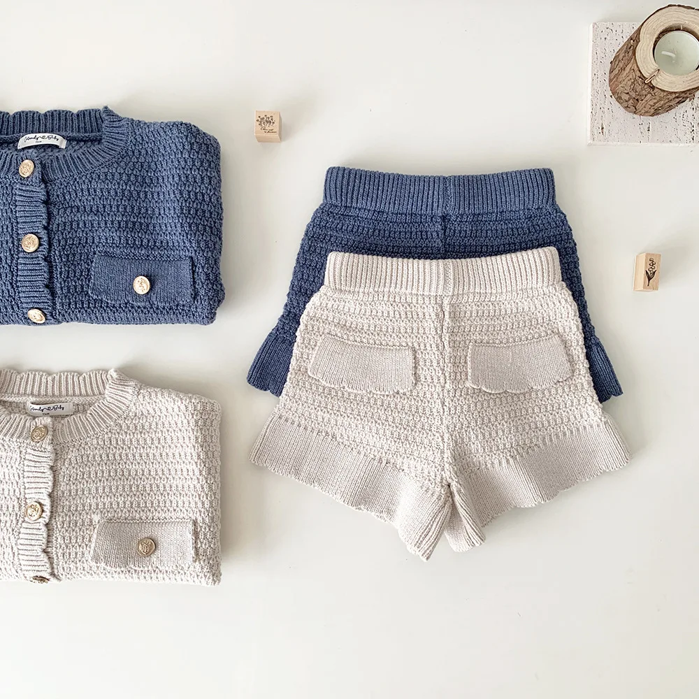 New Autumn Winter Toddlers Girls Knitted Sets Cardigan Sweater Shorts 2pcs Korean Style Baby Kids Princess Outfits
