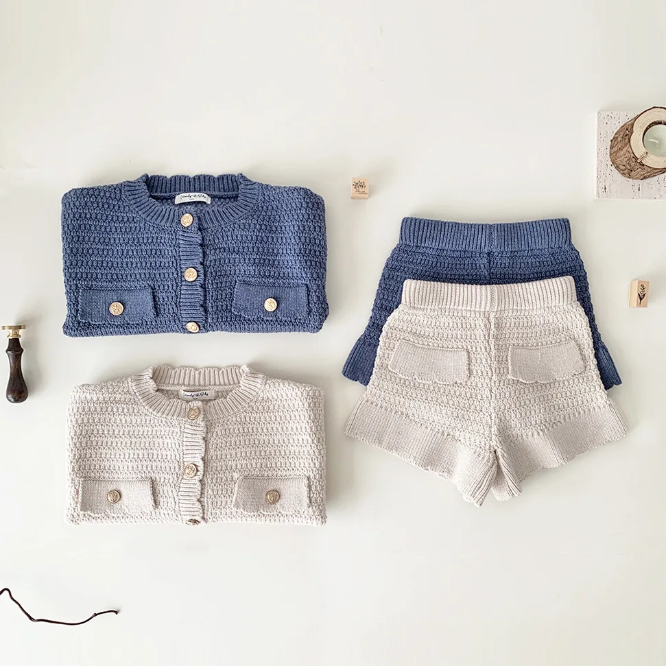 New Autumn Winter Toddlers Girls Knitted Sets Cardigan Sweater Shorts 2pcs Korean Style Baby Kids Princess Outfits