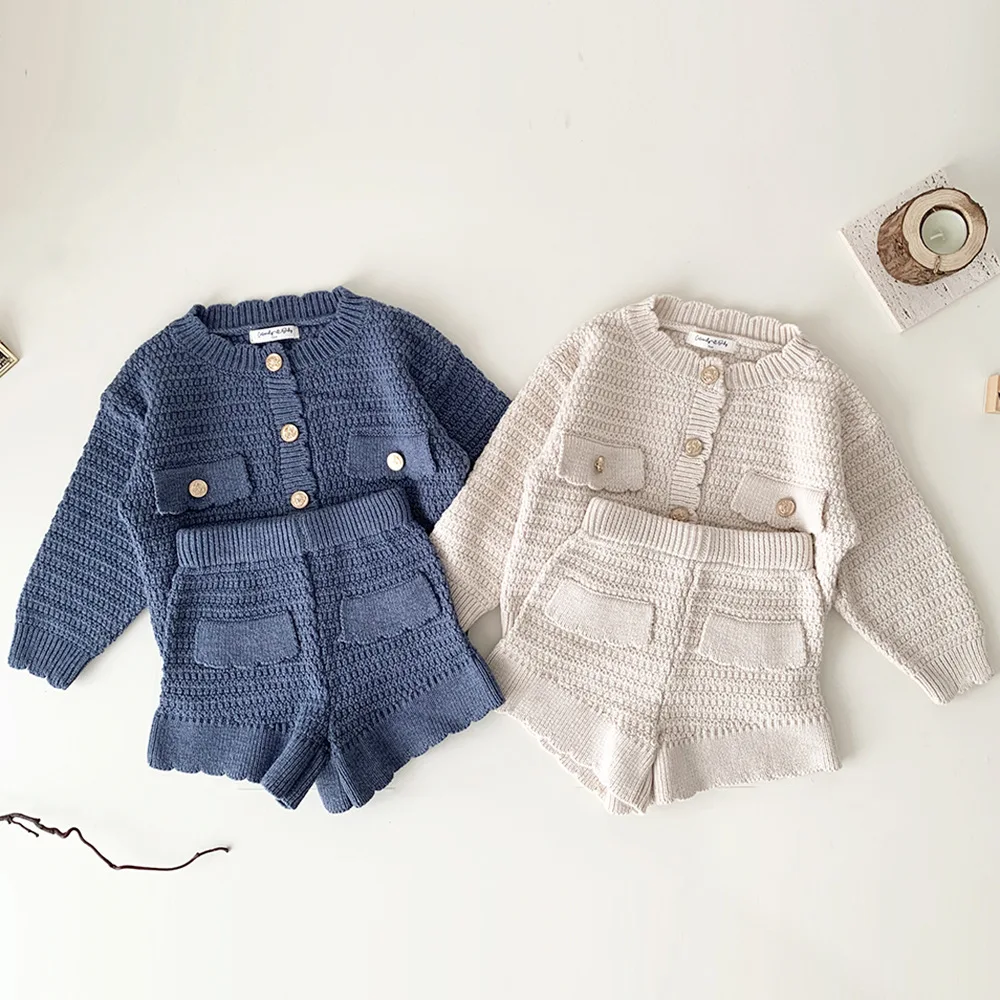 New Autumn Winter Toddlers Girls Knitted Sets Cardigan Sweater Shorts 2pcs Korean Style Baby Kids Princess Outfits