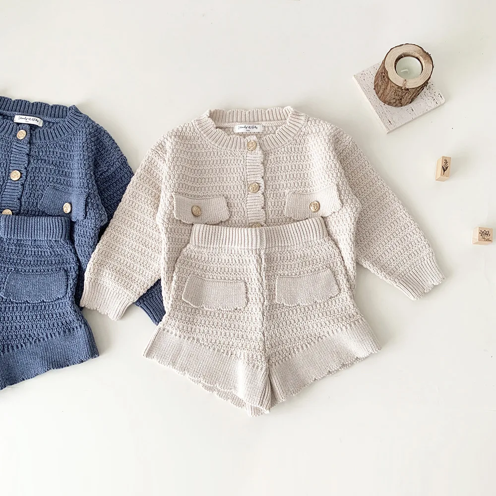 New Autumn Winter Toddlers Girls Knitted Sets Cardigan Sweater Shorts 2pcs Korean Style Baby Kids Princess Outfits