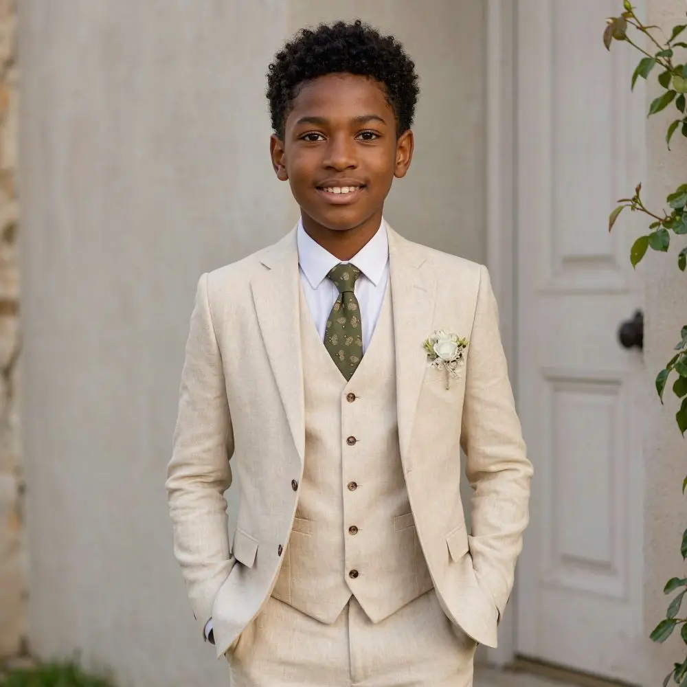 Linen 3 Pieces Beach Wedding Boy Suits Prom Classic Light Wear For Kids Outdoor Garden Elegant Family Summer Celebrations