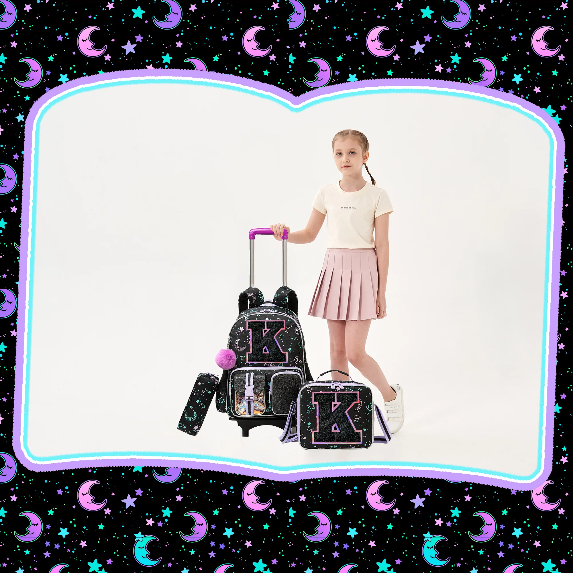 Backpack with Wheels for Girls Rolling Backpack Cute Carry on Backpack Kids Luggage with Lunch Box Pencil Case for Student