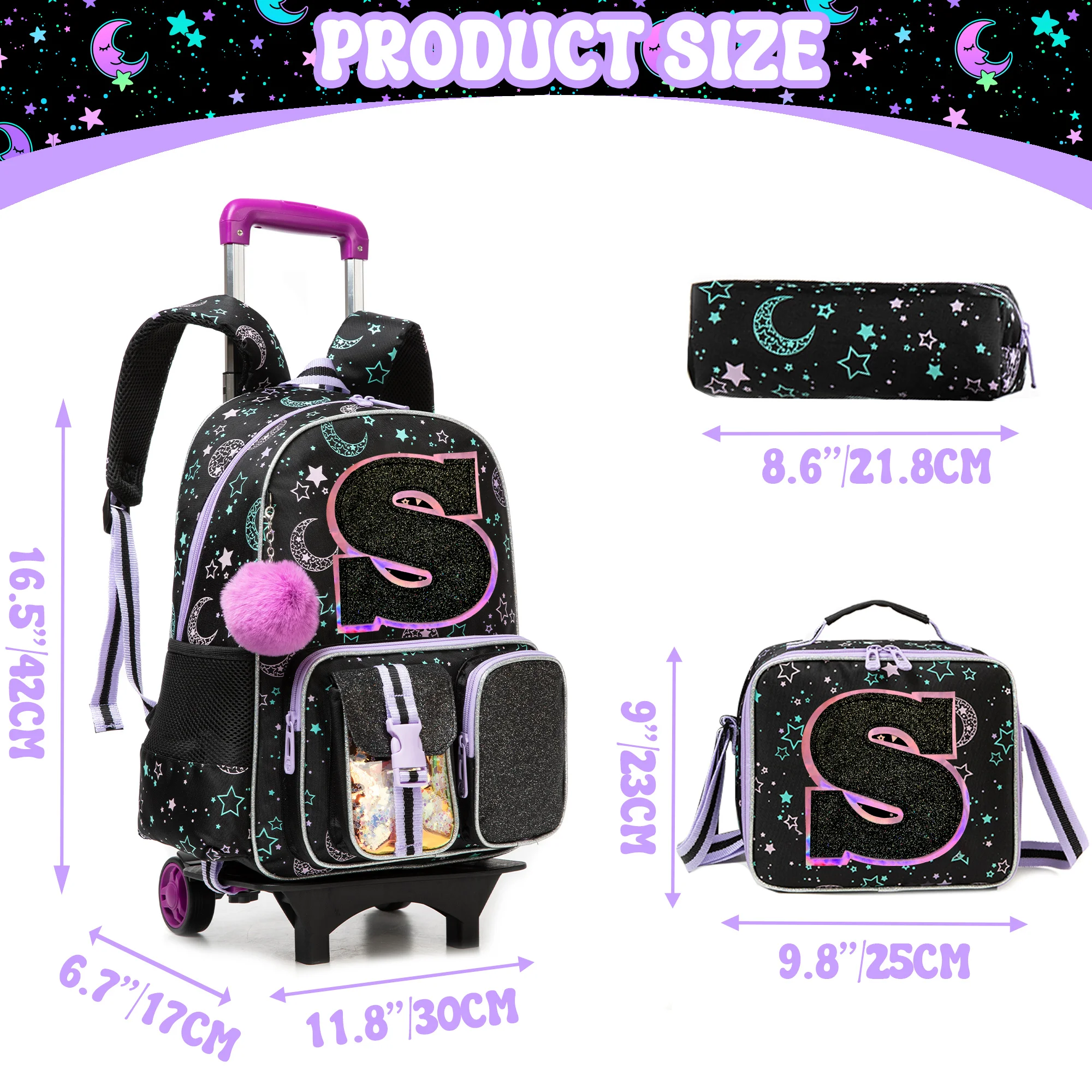Backpack with Wheels for Girls Rolling Backpack Cute Carry on Backpack Kids Luggage with Lunch Box Pencil Case for Student
