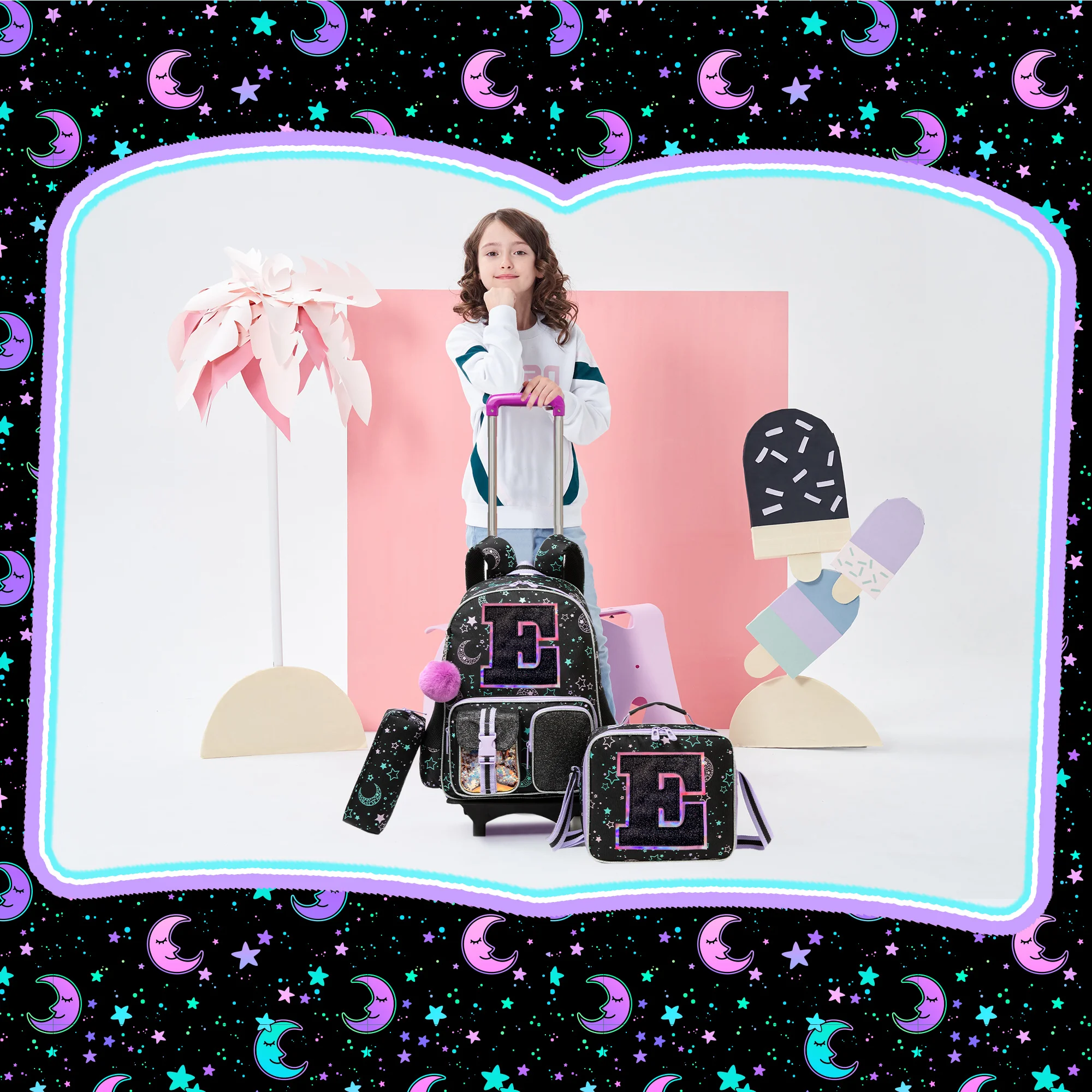Backpack with Wheels for Girls Rolling Backpack Cute Carry on Backpack Kids Luggage with Lunch Box Pencil Case for Student