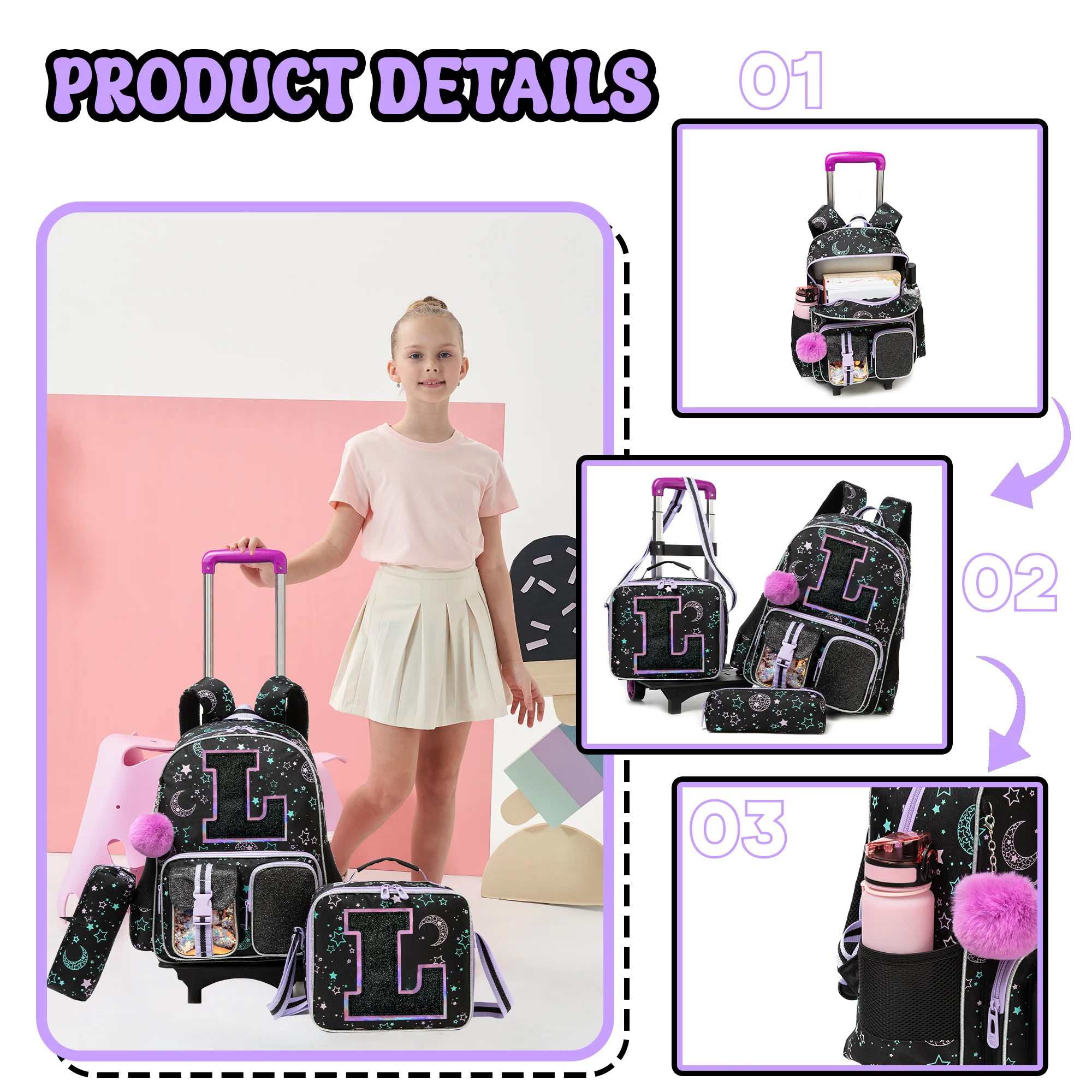 Backpack with Wheels for Girls Rolling Backpack Cute Carry on Backpack Kids Luggage with Lunch Box Pencil Case for Student