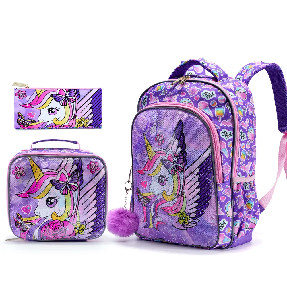 3PCS Kids Travel Bag, Luggage Bag, Bookbag, With Lunch Box And Pen Bag, Cute Cartoon Purple Unicorn Sequin, Nighttime Reflective