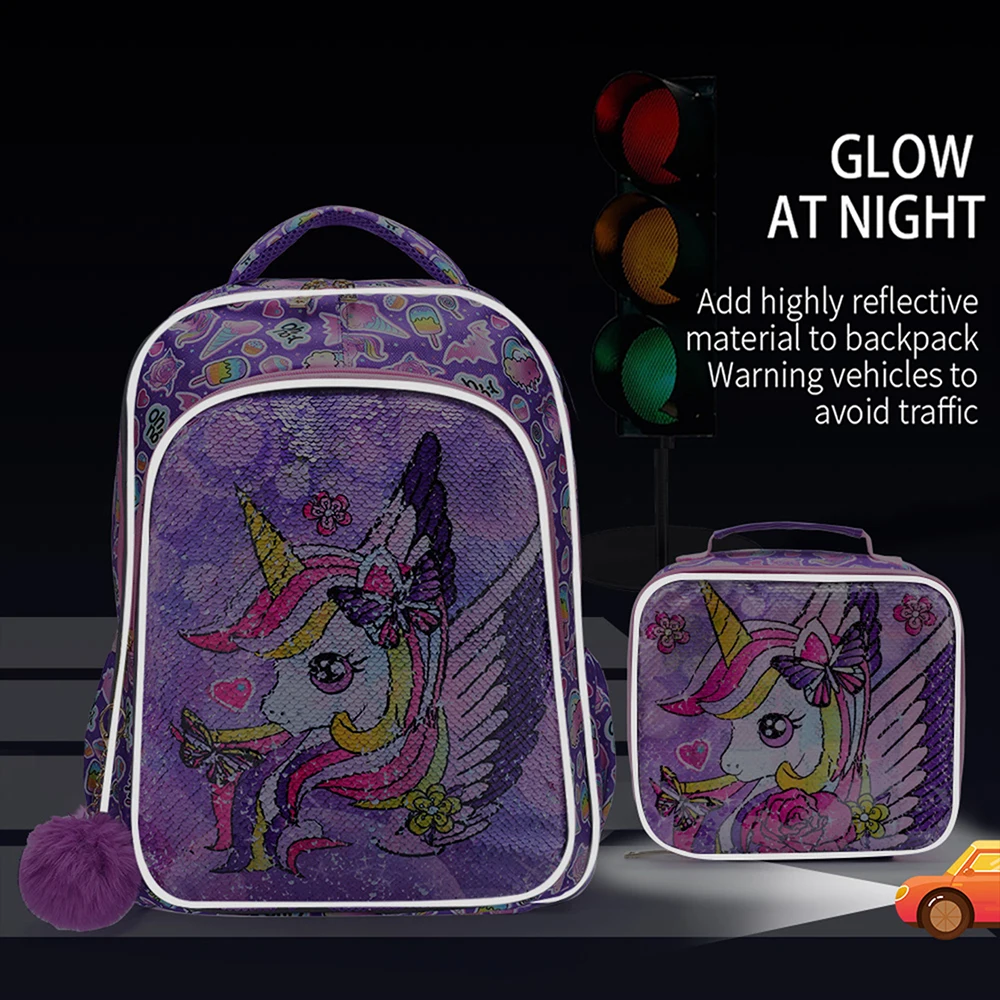 3PCS Kids Travel Bag, Luggage Bag, Bookbag, With Lunch Box And Pen Bag, Cute Cartoon Purple Unicorn Sequin, Nighttime Reflective