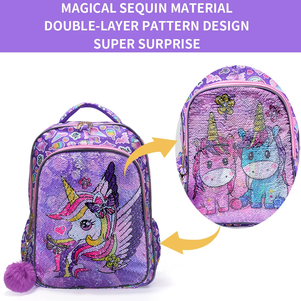 3PCS Kids Travel Bag, Luggage Bag, Bookbag, With Lunch Box And Pen Bag, Cute Cartoon Purple Unicorn Sequin, Nighttime Reflective