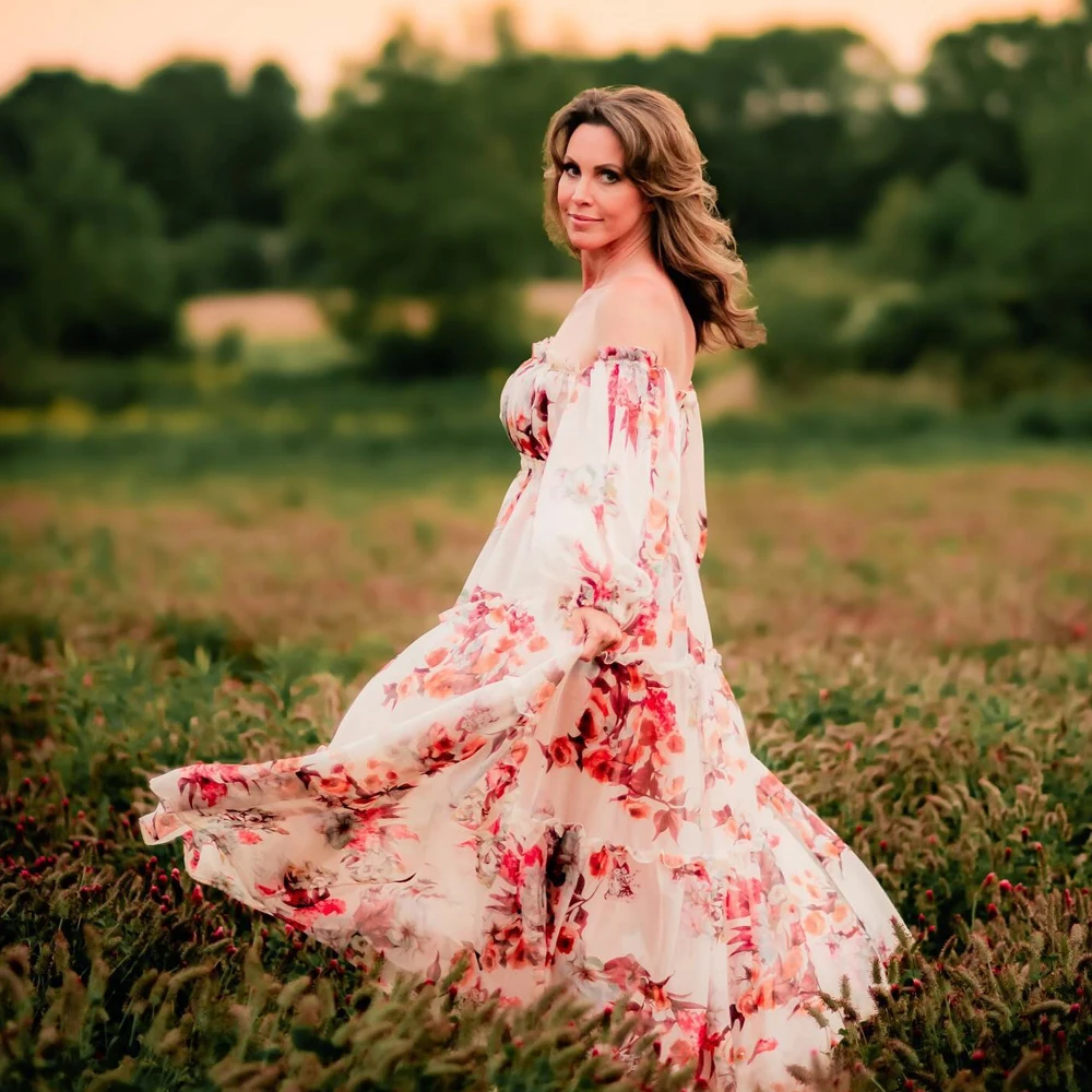 Photoshoot Dress For Women Floral chiffon Two-Piece Long Sleeved&Short Sleeved Short Top Maternity Dresses For Baby Showers