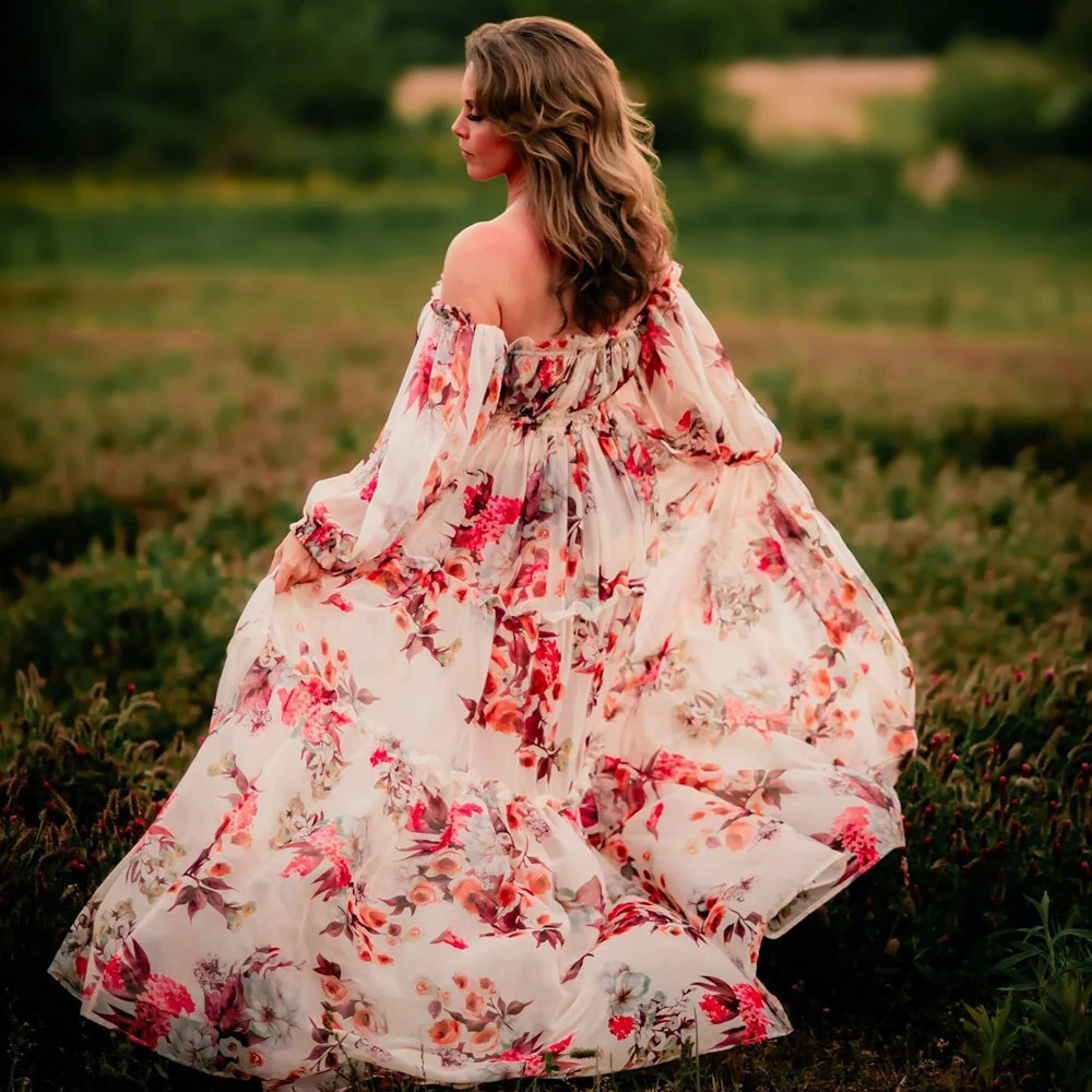 Photoshoot Dress For Women Floral chiffon Two-Piece Long Sleeved&Short Sleeved Short Top Maternity Dresses For Baby Showers