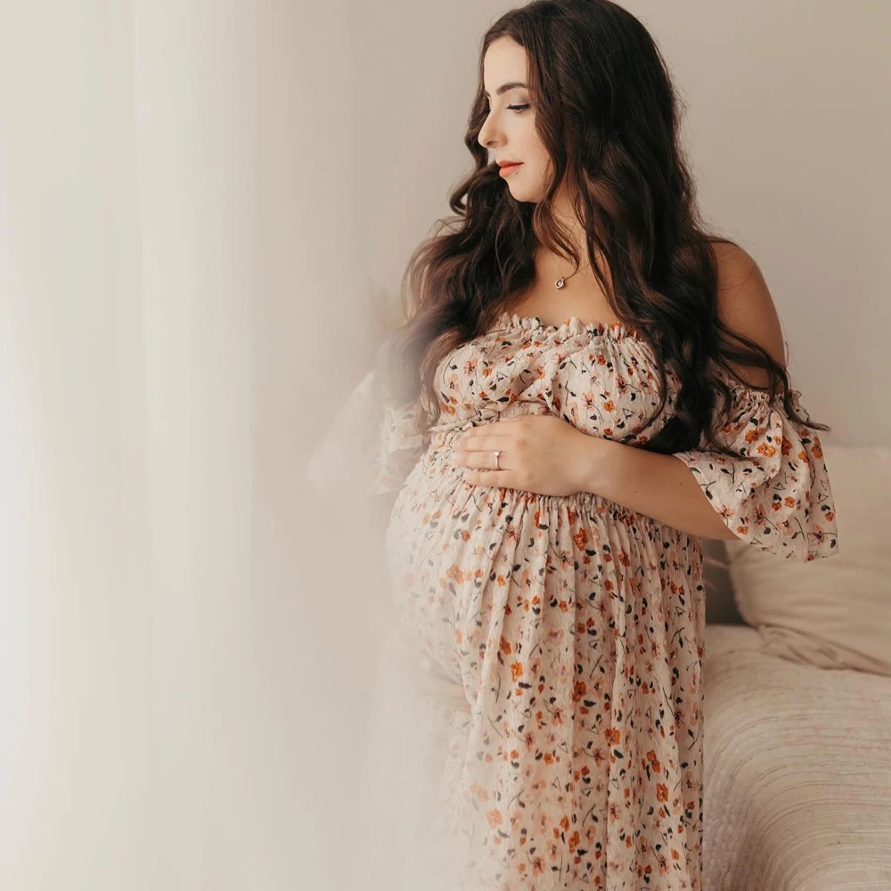 Photoshoot Dress For Women Floral chiffon Two-Piece Long Sleeved&Short Sleeved Short Top Maternity Dresses For Baby Showers