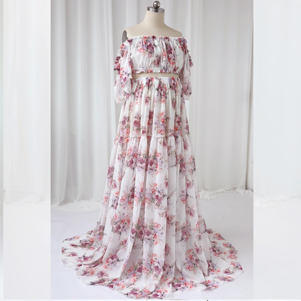 Photoshoot Dress For Women Floral chiffon Two-Piece Long Sleeved&Short Sleeved Short Top Maternity Dresses For Baby Showers