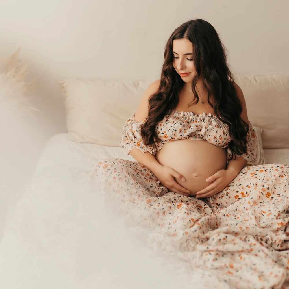 Photoshoot Dress For Women Floral chiffon Two-Piece Long Sleeved&Short Sleeved Short Top Maternity Dresses For Baby Showers