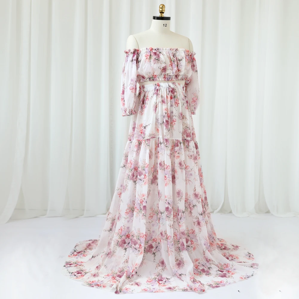 Photoshoot Dress For Women Floral chiffon Two-Piece Long Sleeved&Short Sleeved Short Top Maternity Dresses For Baby Showers