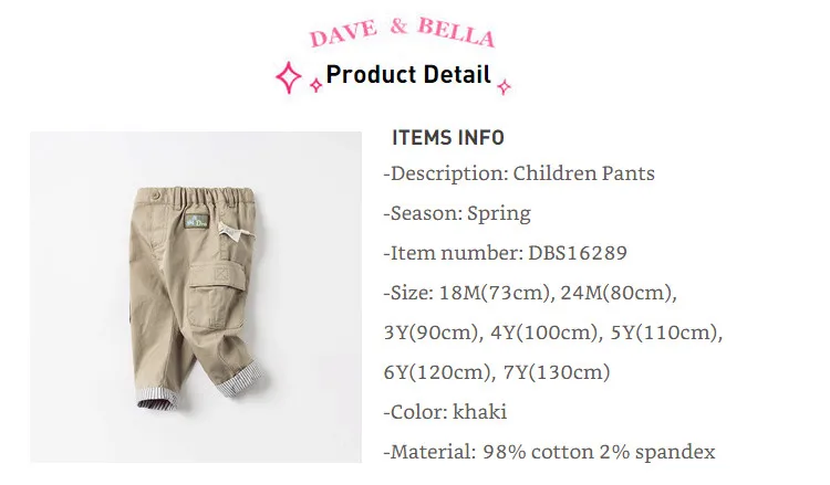 DBS16289 dave bella spring baby boys fashion cartoon pockets pants children full length kids pants infant toddler trousers