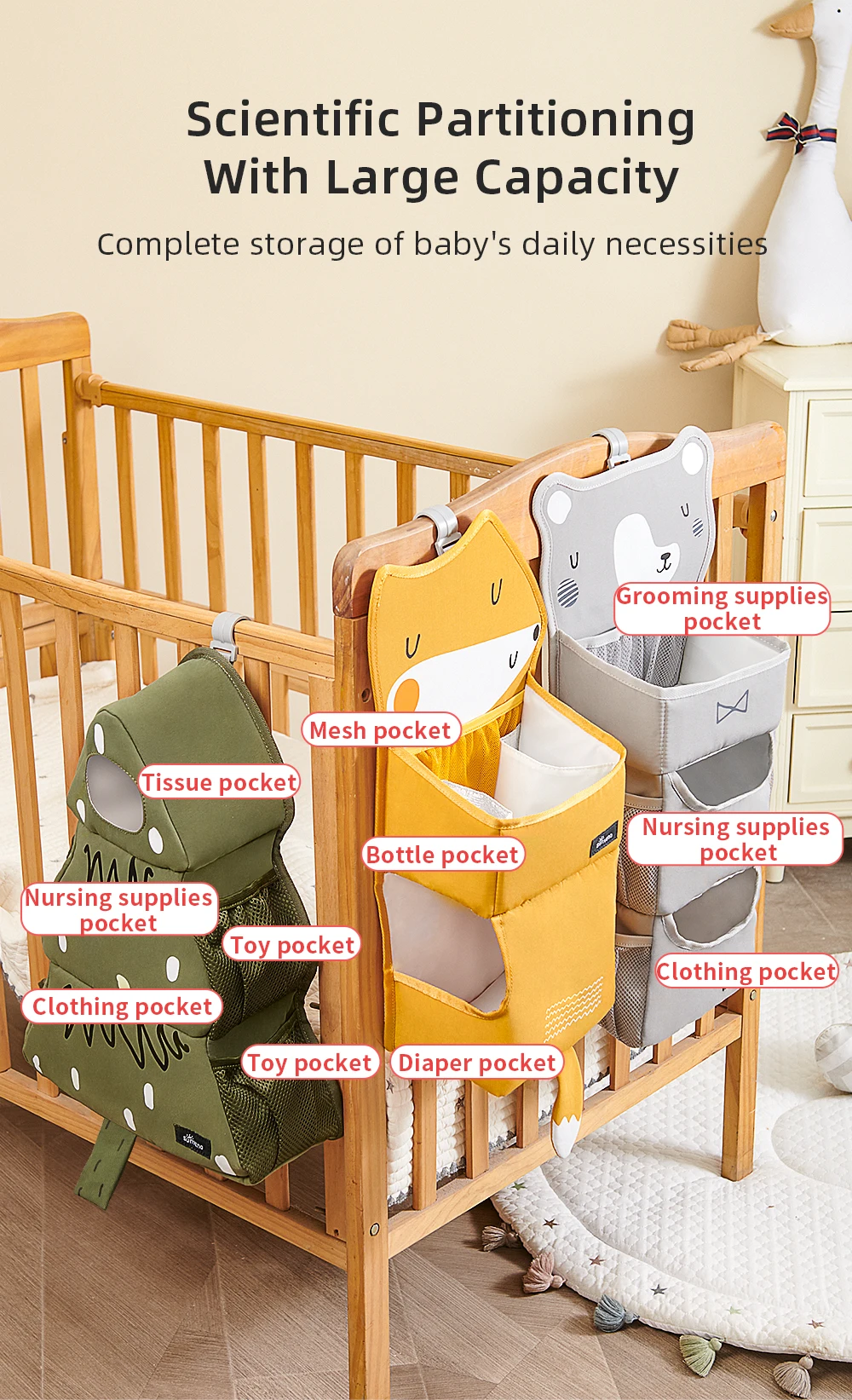Sunveno Cartoon Baby Crib Hanging Storage Bag, Multi-functional Organizer for Baby Supplies Baby Room Decor
