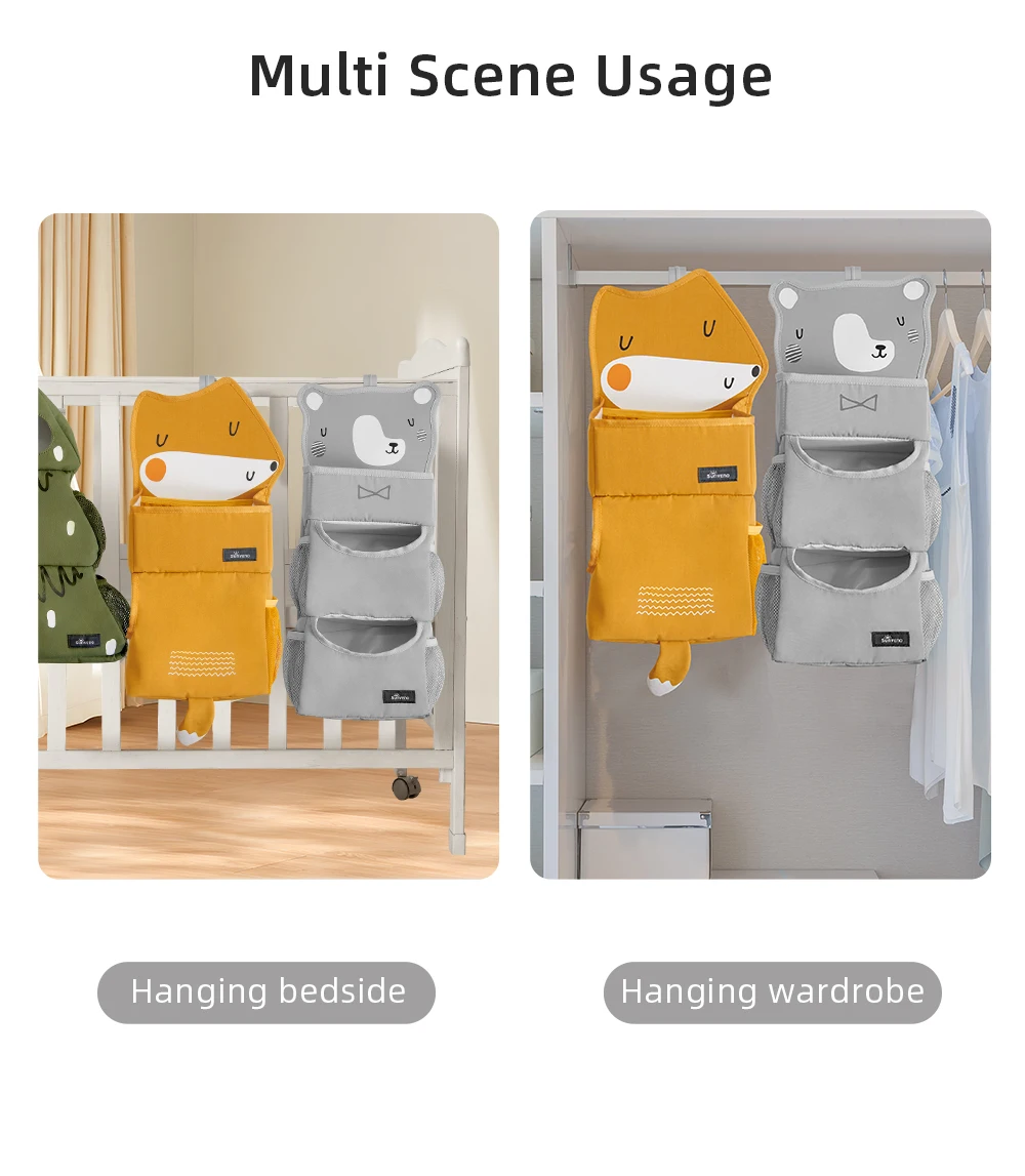 Sunveno Cartoon Baby Crib Hanging Storage Bag, Multi-functional Organizer for Baby Supplies Baby Room Decor