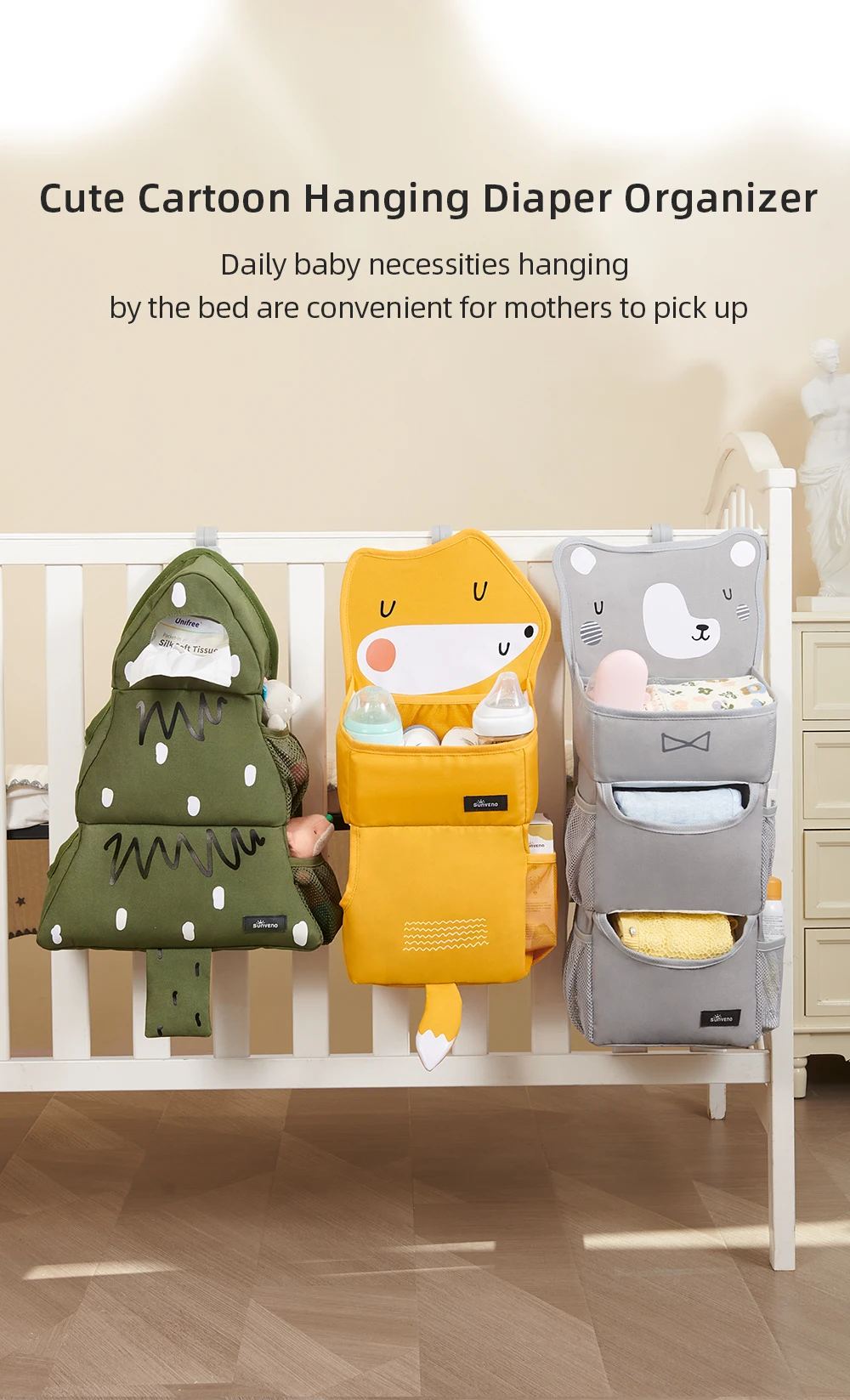 Sunveno Cartoon Baby Crib Hanging Storage Bag, Multi-functional Organizer for Baby Supplies Baby Room Decor