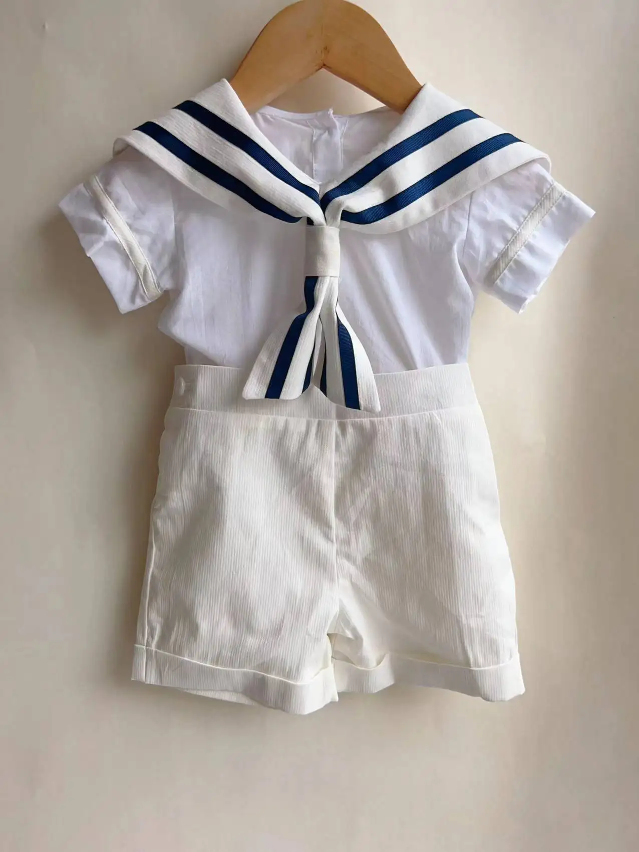 Boy Girls Sailor Suit Short White Uniform Striped Tie Set Dress Classic Retro Cotton Linen Siblings Outfit Birthday Clothing