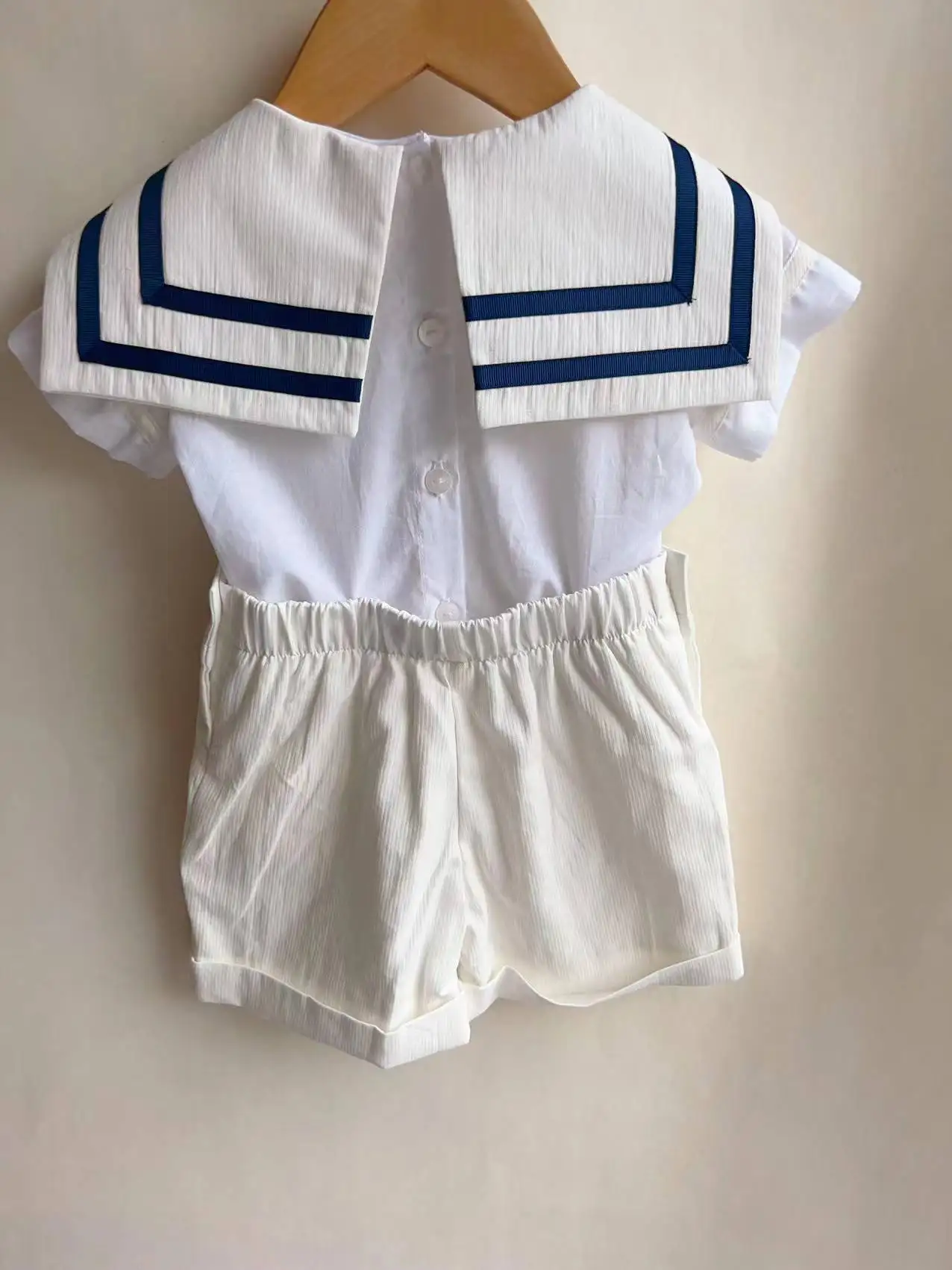 Boy Girls Sailor Suit Short White Uniform Striped Tie Set Dress Classic Retro Cotton Linen Siblings Outfit Birthday Clothing