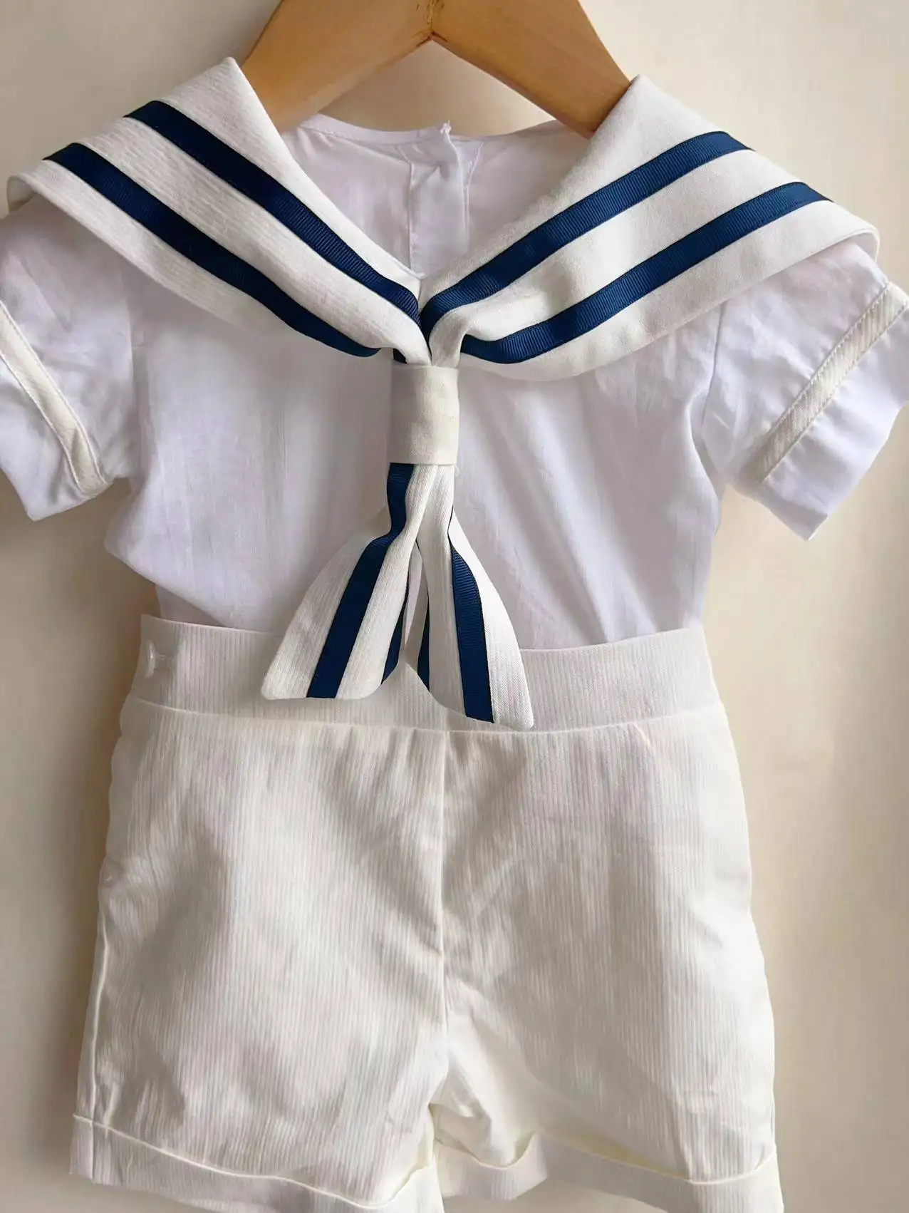 Boy Girls Sailor Suit Short White Uniform Striped Tie Set Dress Classic Retro Cotton Linen Siblings Outfit Birthday Clothing