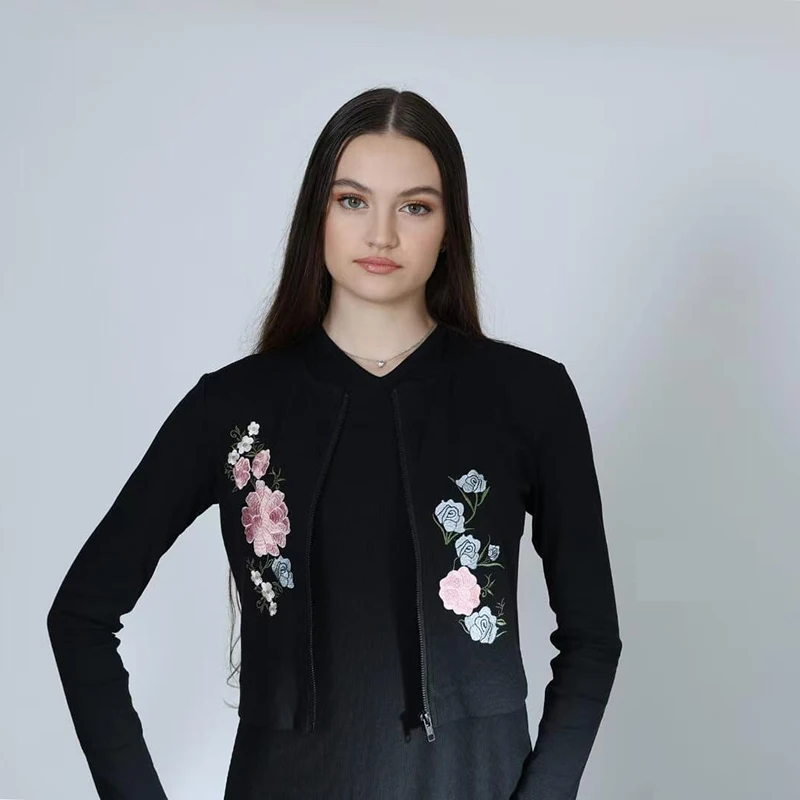 XS-XXXL Lady Cardigan Outfit Casual Embroidey Flowers Black Ribbed Top Maxi Dress Long Dresses Zipper Elegant Shlomo Dress Set