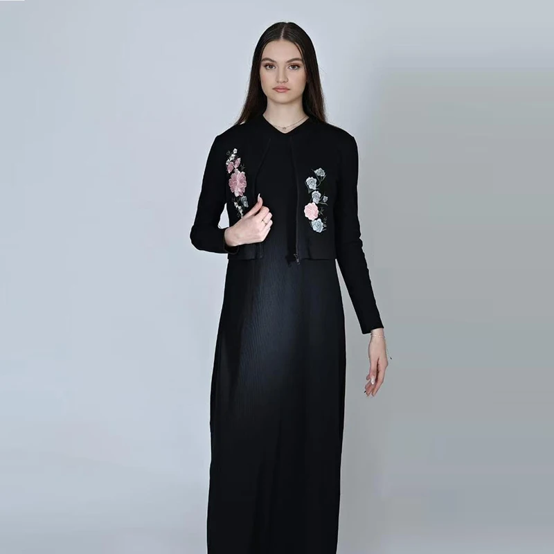XS-XXXL Lady Cardigan Outfit Casual Embroidey Flowers Black Ribbed Top Maxi Dress Long Dresses Zipper Elegant Shlomo Dress Set