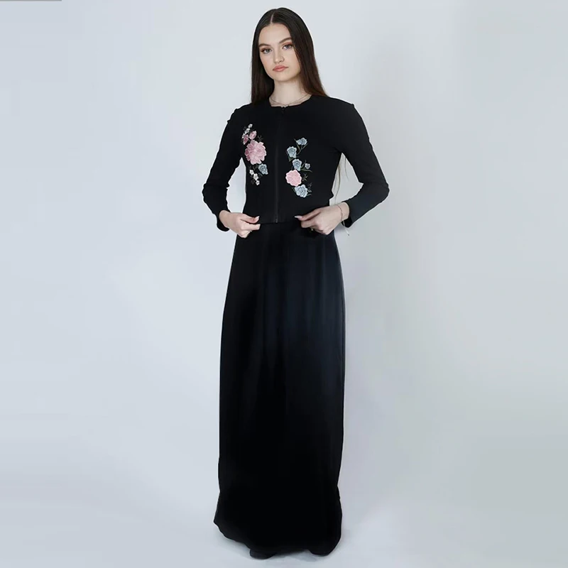 XS-XXXL Lady Cardigan Outfit Casual Embroidey Flowers Black Ribbed Top Maxi Dress Long Dresses Zipper Elegant Shlomo Dress Set
