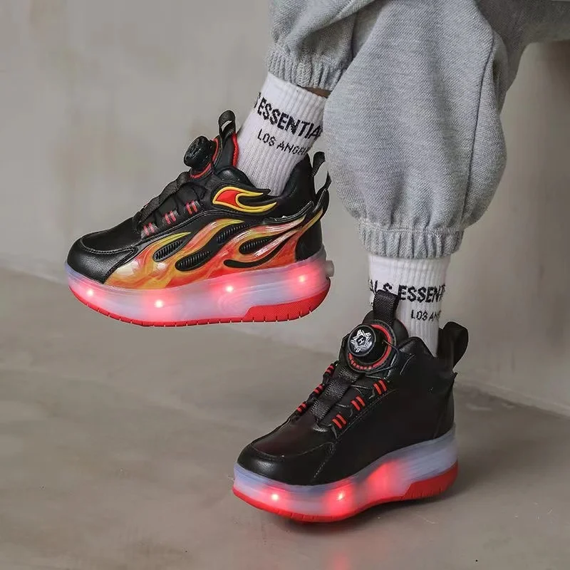 Rotating button Girls' sneakers 2024 New kids leather top Rampage lace Light skates Student Breathable Flame roller skates
