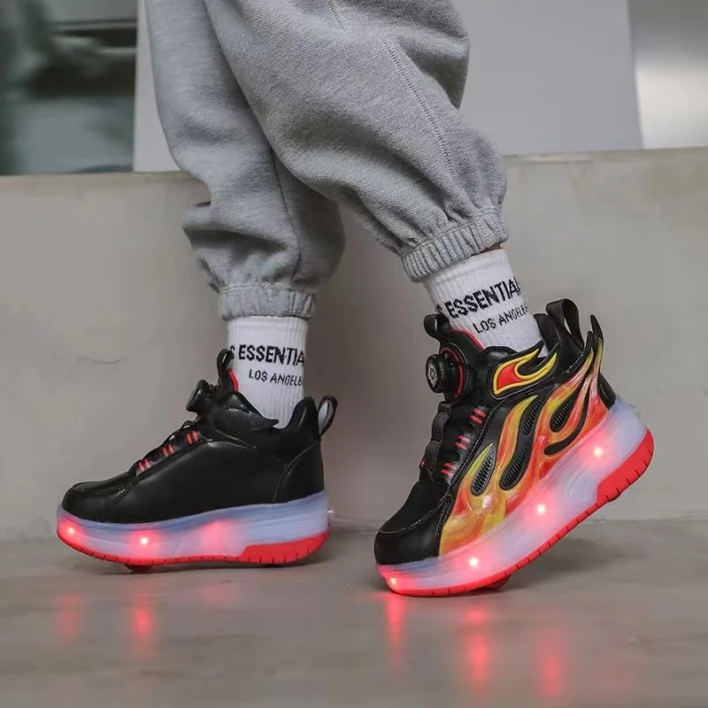 Rotating button Girls' sneakers 2024 New kids leather top Rampage lace Light skates Student Breathable Flame roller skates