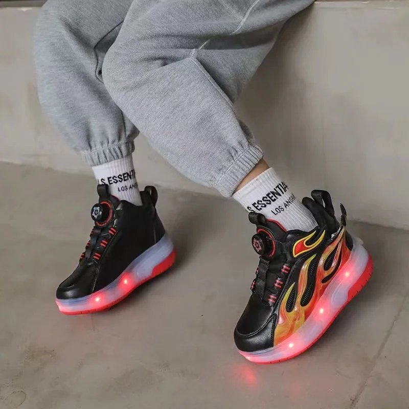 Rotating button Girls' sneakers 2024 New kids leather top Rampage lace Light skates Student Breathable Flame roller skates