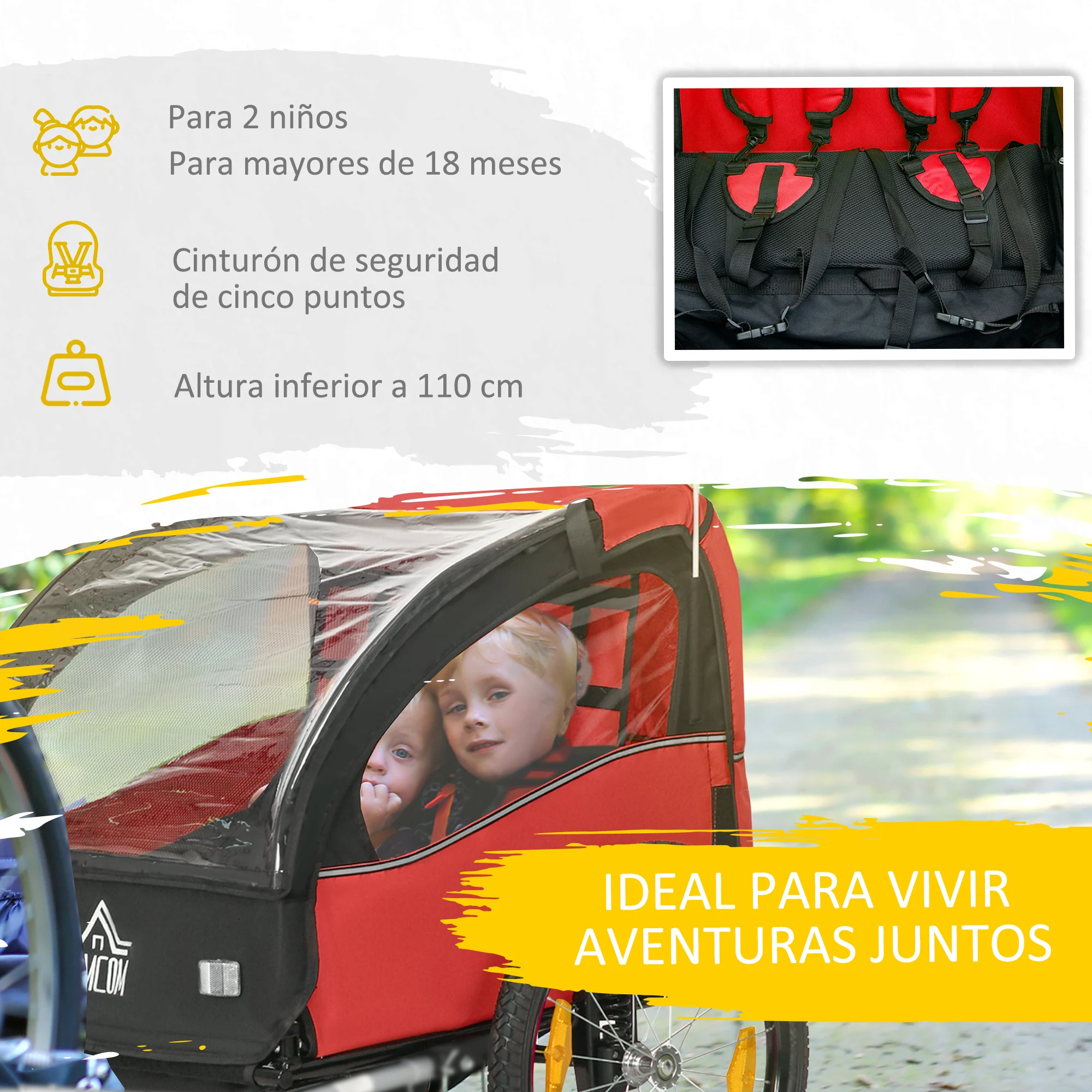 Homcom Bicycle Trailer for Children +18 Months with 2 Seats 140X88X90 cm