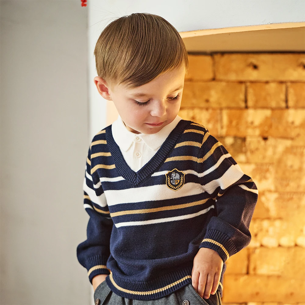 Dave Bella Autumn Winter Sweater for Boys Fake Two Pieces Knitted Sweater Children Outerwear Coat Kids Clothes DB4253907