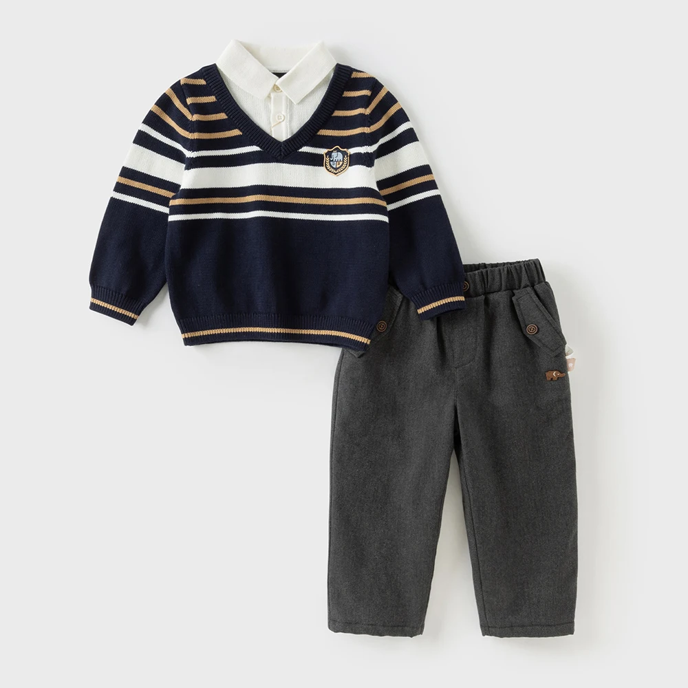 Dave Bella Autumn Winter Sweater for Boys Fake Two Pieces Knitted Sweater Children Outerwear Coat Kids Clothes DB4253907