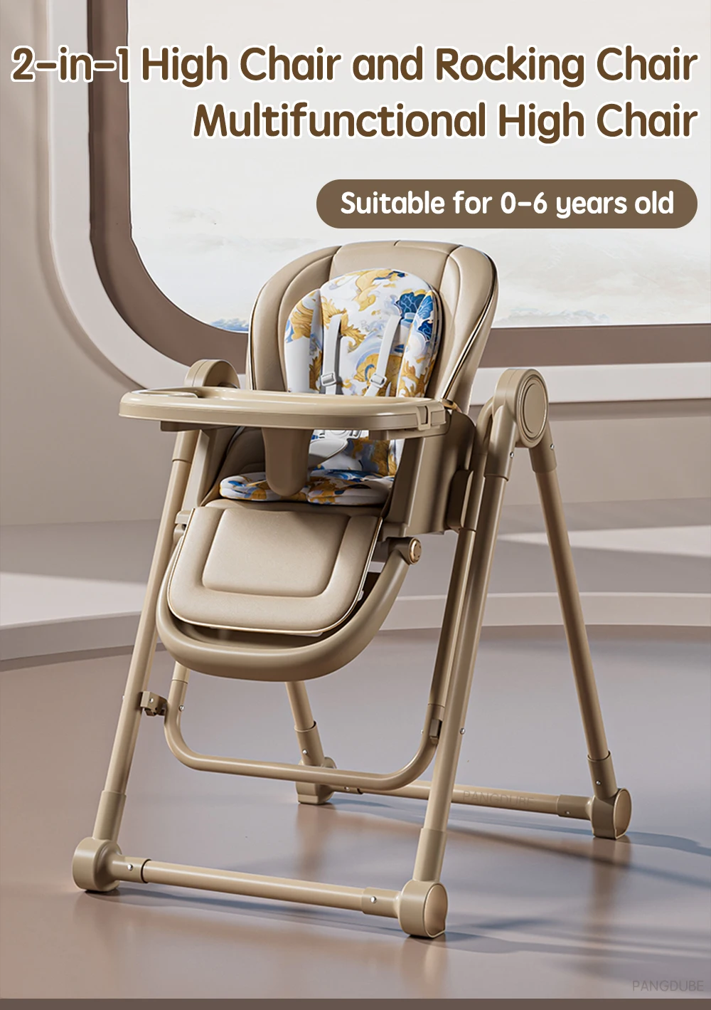 PANGDUBE 2-in-1 Baby High Chair Rocker Convertible Feeding Seat with Wheels Dual Trays Cushion Foldable for 6 Months-3 Years