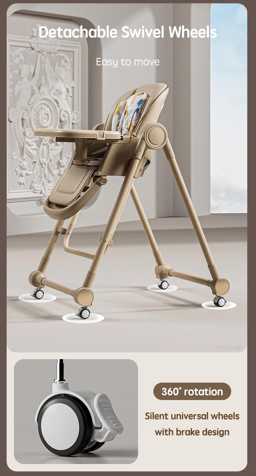 PANGDUBE 2-in-1 Baby High Chair Rocker Convertible Feeding Seat with Wheels Dual Trays Cushion Foldable for 6 Months-3 Years
