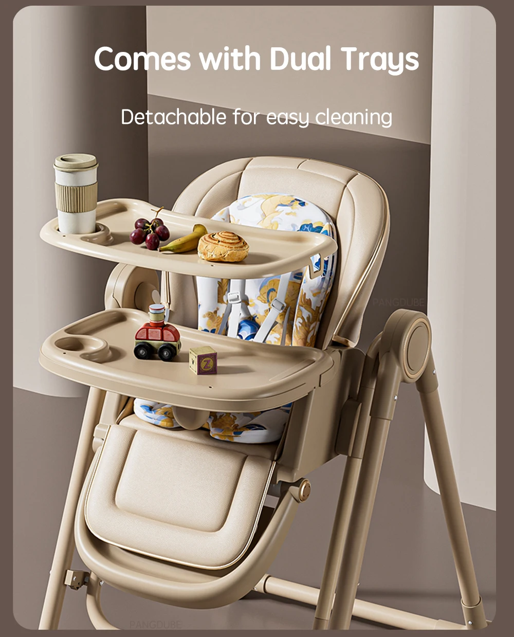 PANGDUBE 2-in-1 Baby High Chair Rocker Convertible Feeding Seat with Wheels Dual Trays Cushion Foldable for 6 Months-3 Years