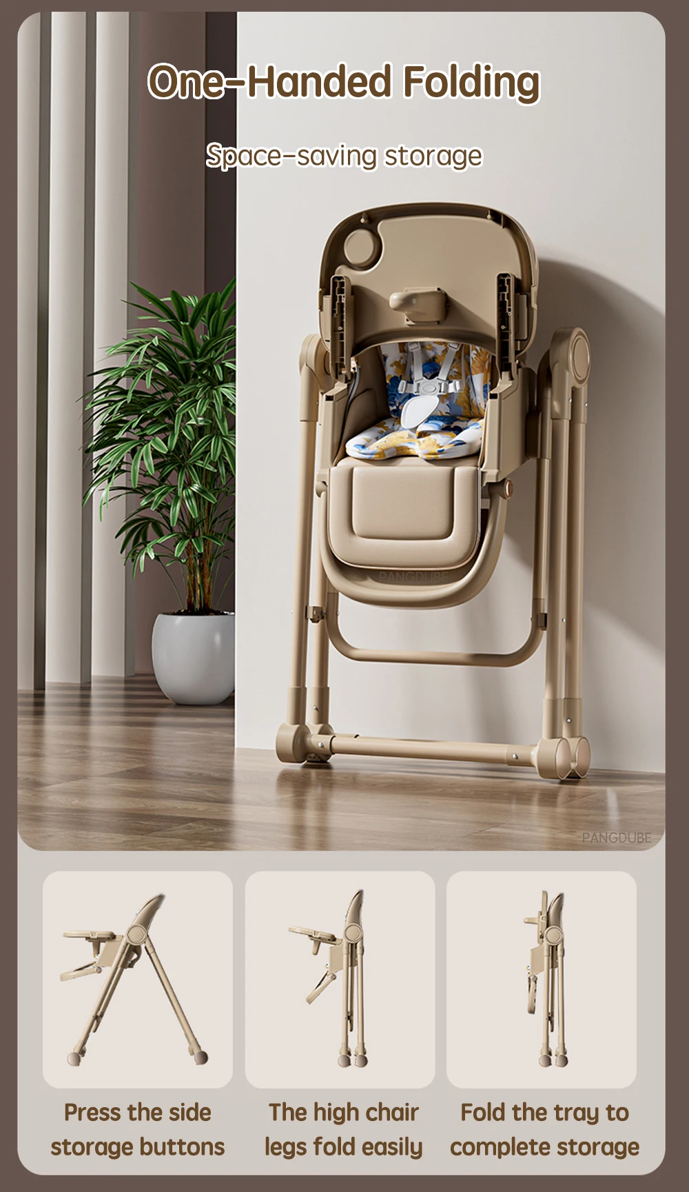 PANGDUBE 2-in-1 Baby High Chair Rocker Convertible Feeding Seat with Wheels Dual Trays Cushion Foldable for 6 Months-3 Years