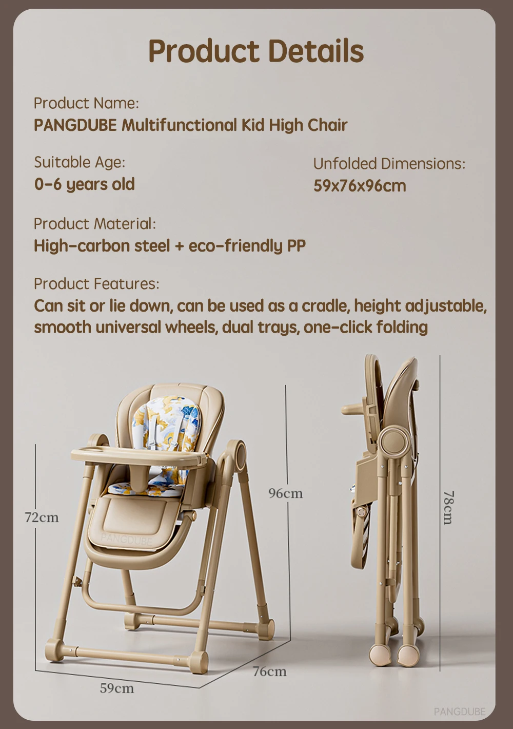 PANGDUBE 2-in-1 Baby High Chair Rocker Convertible Feeding Seat with Wheels Dual Trays Cushion Foldable for 6 Months-3 Years