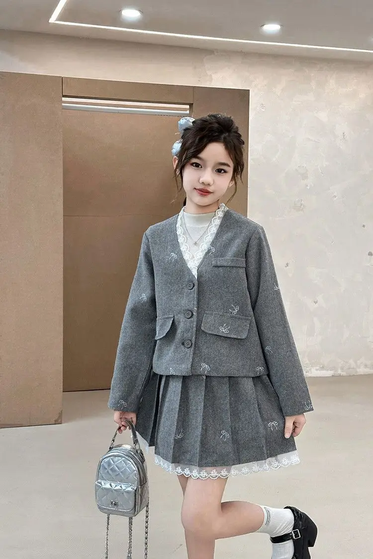 Junior Girl JK School Uniform Set Unique Formal Chain Smart Jackets and Pleated Skirt 2Pcs School Kids Child Uniform Blazer Suit