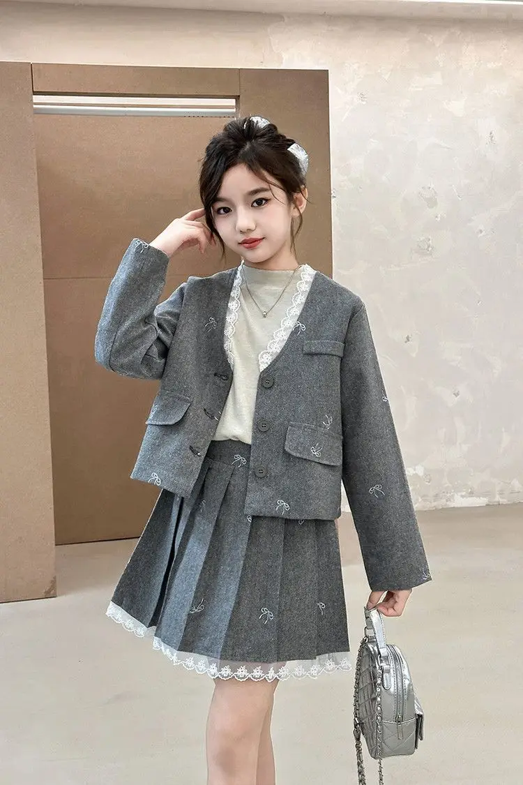 Junior Girl JK School Uniform Set Unique Formal Chain Smart Jackets and Pleated Skirt 2Pcs School Kids Child Uniform Blazer Suit