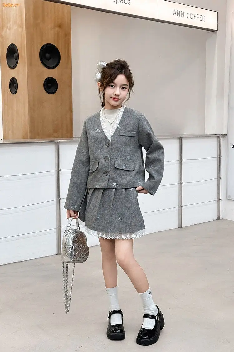Junior Girl JK School Uniform Set Unique Formal Chain Smart Jackets and Pleated Skirt 2Pcs School Kids Child Uniform Blazer Suit
